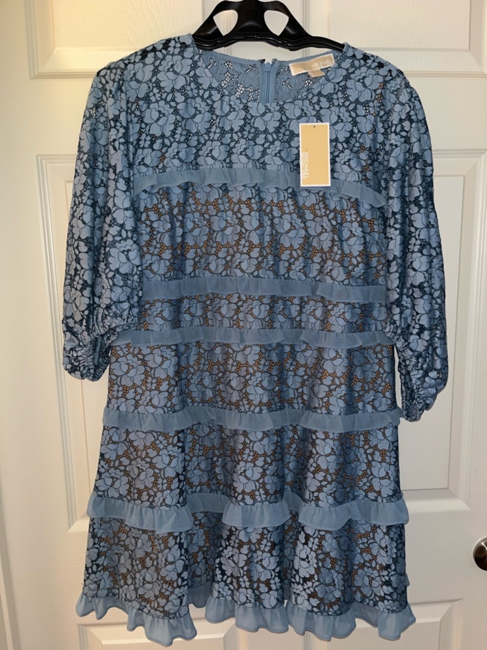 Michael Kors Chambray Blue Floral Lace Tiered Dress